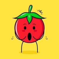 söt tomatkaraktär med imponerat uttryck och öppen mun. grönt, rött och gult. lämplig för uttryckssymbol, logotyp, maskot vektor
