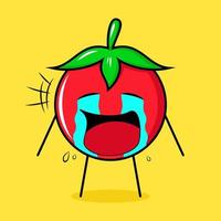 süßer tomatencharakter mit weinendem ausdruck, tränen und offenem mund. grün, rot und gelb. geeignet für Emoticon, Logo, Maskottchen vektor