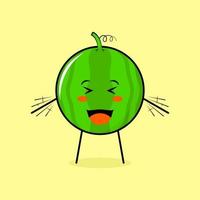süßer wassermelonencharakter mit fröhlichem ausdruck, geschlossenen augen, offenem mund und zitternden händen. grün und gelb. geeignet für Emoticon, Logo, Maskottchen