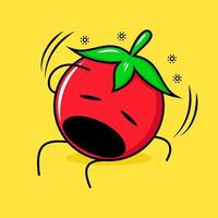 süßer tomatencharakter mit schwindligem ausdruck, offenem mund, hinsetzen und einer hand auf dem kopf. grün, rot und gelb. geeignet für Emoticon, Logo, Maskottchen vektor