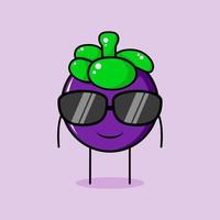 süßer Mangosteen-Charakter mit Lächeln und schwarzer Brille. grün und lila. geeignet für Emoticon, Logo, Maskottchen oder Aufkleber vektor