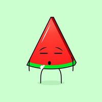 söt vattenmelon skiva karaktär med platt uttryck. grönt och rött. lämplig för uttryckssymbol, logotyp, maskot vektor