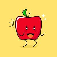 söt röd äpple karaktär med leende och glada uttryck, två händer sammanbitna och gnistrande ögon. grönt och rött. lämplig för uttryckssymbol, logotyp, maskot och ikon vektor
