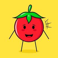 söt tomatkaraktär med glatt uttryck och öppen mun. grönt, rött och gult. lämplig för uttryckssymbol, logotyp, maskot vektor