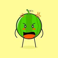 süßer wassermelonencharakter mit wütendem ausdruck. mund weit offen. grün und gelb. geeignet für Emoticon, Logo, Maskottchen vektor