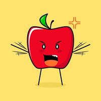 söt rött äpple karaktär med argt uttryck. grönt och rött. lämplig för uttryckssymbol, logotyp, maskot. båda händerna höjda och munnen öppen vektor