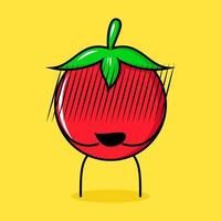 süßer tomatencharakter mit verlegenem ausdruck. grün, rot und gelb. geeignet für Emoticon, Logo, Maskottchen vektor