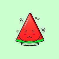 süßer wassermelonenscheibencharakter mit denkendem ausdruck, geschlossenen augen und mit gekreuzten beinen sitzen. grün und rot. geeignet für Emoticon, Logo, Maskottchen vektor