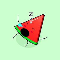 söt vattenmelon skiva karaktär med sömn uttryck, ligga ner, blunda och öppna munnen. grönt och rött. lämplig för uttryckssymbol, logotyp, maskot och ikon vektor