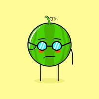 süßer wassermelonencharakter mit coolem ausdruck und brille. grün und gelb. geeignet für Emoticon, Logo, Maskottchen oder Aufkleber vektor