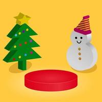 röd cirkel podium med snögubbe och träd illustration. lämplig för bakgrund, försäljning produkt vektor