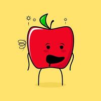 söt röd äpple karaktär med berusad uttryck och mun öppen. grönt och rött. lämplig för uttryckssymbol, logotyp, maskot och ikon vektor