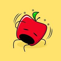 söt röd äpple karaktär med yrande uttryck, munnen öppen, sitta ner och en hand på huvudet. grönt och rött. lämplig för uttryckssymbol, logotyp, maskot och ikon vektor
