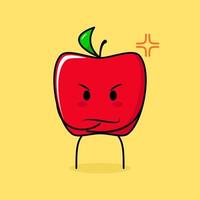 söt rött äpple karaktär med argt uttryck. grönt och rött. lämplig för uttryckssymbol, logotyp, maskot. ena handen på hakan vektor