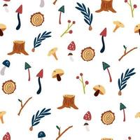 Pilze und Zweige nahtloses Muster. Waldpflanzenelemente. wildes botanisches set. skandinavischer Stil. Vektorhintergrund für Stoff, Textil, Bekleidung, Tapeten. vektor