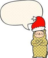 Cartoon-Bär mit Weihnachtsmütze und Sprechblase im Comic-Stil vektor