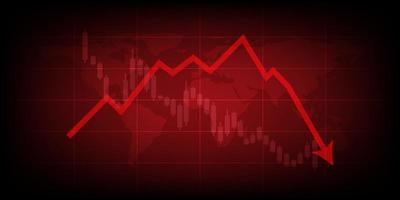 rotes Pfeildiagramm Drop-Pfeil nach unten mit Weltkarte auf rotem Hintergrund. Geld verlieren. Aktienkrise und Finanzkonzept. vektor