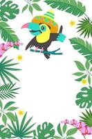ljus tropisk bakgrund med en glad tukan. vektor illustration.
