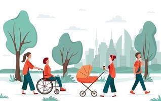 Außenaktivität. Menschen, die im Stadtpark spazieren gehen. Mutter mit Kinderwagen, Frau im Rollstuhl mit Begleitperson, junger Mann. städtisches erholungskonzept, diversitätskonzept