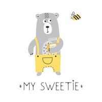 kindliche illustration mit süßem bären mit honig, biene und schriftzug. illustration für karte, poster, kinderkleidung. vektor