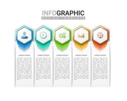 3D realistisches Infografik-Etikett in 5 Schritten. vertikale Infografik mit sechseckiger Form mit buntem Farbverlauf. Geschäftsinformationen Schritte mit Symbol