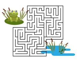 Lernlabyrinth für Kinder, süßer Frosch und Schilfteich. das Konzept der Vorschulerziehung. Illustration, Druck, Vektor