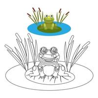 Süßer Frosch auf einem Teich mit Schilf auf einem Lilienblatt, Malseite für Kinder. Design für Malbuch, Illustration, Druck, Vektor