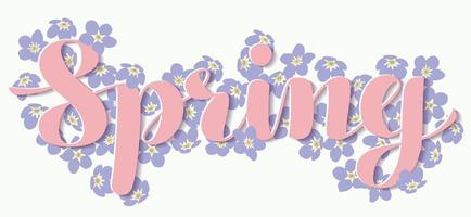 rosa Frühlingsbeschriftung mit lila Blumen vektor