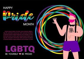 nahaufnahme schwul oder homosexuell in zeichentrickfigur auf 8 linienfarben der stolzflagge mit wortlaut über lgbt-rechtskampagne und beispieltexte auf schwarzem hintergrund.