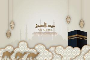 islamische vorlage eid al adha die feier der muslime. laternen-, wolken-, moscheen- und kamelpapierschnittstil. mit kaaba 3d vektor