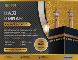 Hajj och umrah broschyr guld resor och turnélyx med kaaba och lykta realistisk 3d, för inlägg på sociala medier, broschyr, broschyr, flygblad eller affisch vektor