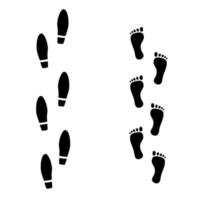 Fußabdruck-Symbol isoliert auf weißem Hintergrund. Drucke von nackten Füßen und Herrenschuhen sind monochrom. vektor