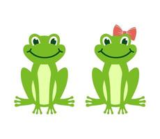 vektor tecknad grön groda isolerad på vit bakgrund. grodor pojke och flicka med rosett sitter och ler. barn illustration