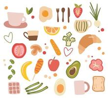 satz frühstücksnahrung und gemüse im handgezeichneten stil. flache illustrationen isoliert auf weiß. kritzelt apfel, brokkoli, croissant, wurst, rührei, avocado.
