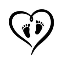 schwarze Silhouette des Herz-Baby-Fußabdrucks. Zeichen der Liebe für Neugeborene. Vektor einfache Illustration der Silhouette des Herzens isoliert auf weißem Hintergrund