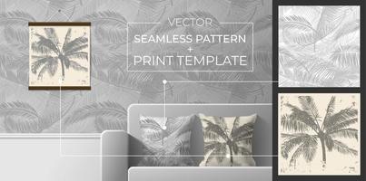 uppsättning utskrifter och sömlösa mönster för inredning. sömlöst mönster från palmblad för utskrift på kuddar, tapeter, textilier. siluett av palmer för utskrift av affischer vektor