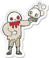 Aufkleber eines Cartoon-Zombies, der einen Totenkopf hält vektor