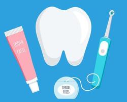Konzeption der Mund- und Zahnpflege. Set von Zahnreinigungswerkzeugen. elektrische Zahnbürste und Zahnpasta, Zahnseide. Zahnhygiene. vektor