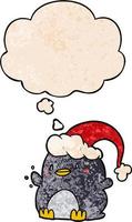 Cartoon-Pinguin mit Weihnachtsmütze und Gedankenblase im Grunge-Texturmuster-Stil vektor