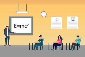 lehrer, der physik in seinem klassenzimmer mit flachem charaktervektor der schüler unterrichtet. lehrerin mit tafel und klassenzimmerinnenillustration. Studenten, die Physik studieren und lernen. vektor