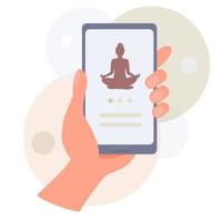 app för yoga och meditation. smartphone med yogaapplikation på skärmen och handhållen mobil. mobilappsida, inbyggd skärmuppsättning för webbplatsen vektor