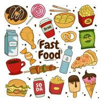 Reihe von bunten Doodle-Fast-Food-Vektorgrafiken im handgezeichneten Stil. Design-Elemente. geeignet für Tapeten, Poster, Banner, Zeitschriften etc.