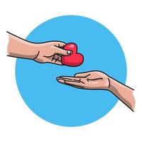 hand ge rött hjärta till en annan, isolerad på blå cirkel bakgrund. kärlek eller uppskattning i sociala medier konceptillustration. vektor