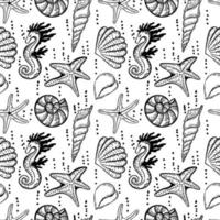 eine nahtlose, handgezeichnete Zeichnung von Meerestieren im Skizzenstil. Muscheln, Seepferdchen und Seesterne. Bläschen. weißer Hintergrund. isoliert. Sommer. Ozean. flaches Design. Vektor-Illustration vektor