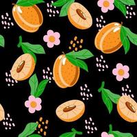 nahtloses muster von pfirsichen, sommervektorillustration im karikaturstil. abstrakte Flecken. ganze Pfirsiche, Pfirsichhälften, Blüten und Blätter. helles Sommermuster auf schwarzem Hintergrund vektor