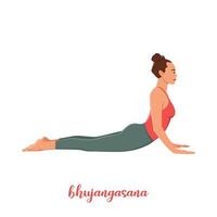 Yoga-Frau in Bhujangasana- oder Kobra-Pose. weibliche zeichentrickfigur, die hatha yoga praktiziert. mädchen, das übung während des gymnastiktrainings demonstriert. flache vektorillustration. vektor