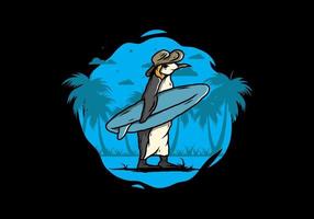 söt pingvin som bär en surfbräda på stranden illustrationen vektor