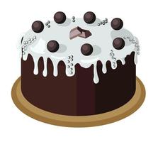 großer Brownie-Schokoladenkuchen, garniert mit weißer Ganache, Pralinen und silbernen Zuckerkugeln. Stock-Vektor-Illustration isoliert auf weißem Hintergrund. vektor