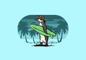 niedlicher pinguin, der ein surfbrett auf der strandillustration trägt vektor