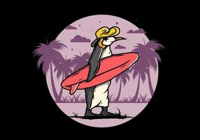 niedlicher pinguin, der ein surfbrett auf der strandillustration trägt vektor